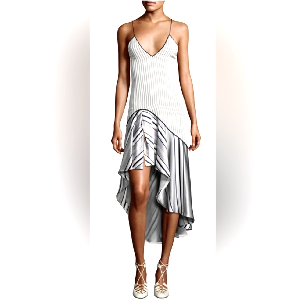 Nwt Johnathan Simkhai Asymmetric Striped Silk Crepe De Chine Midi Cocktail Dress